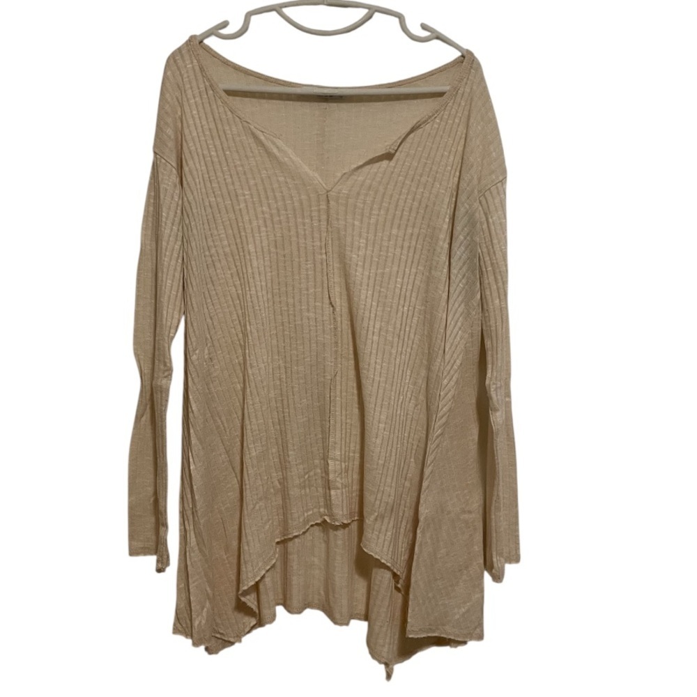 Oversized MOD Open Neck Long Sleeve Ribbed Cream Top Asymmetrical Hemline Large